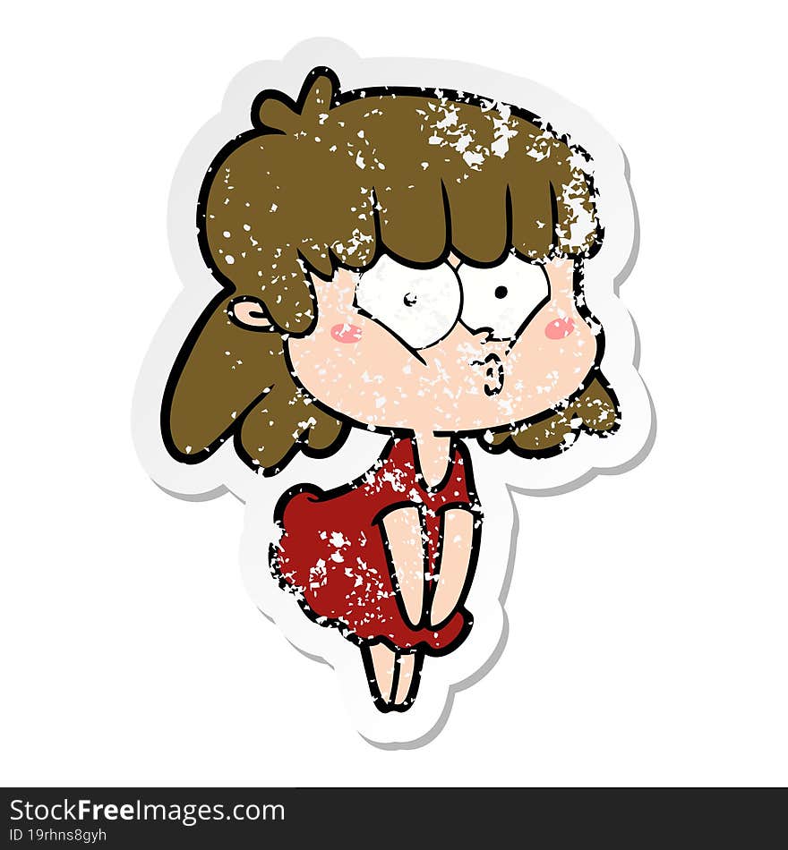 distressed sticker of a cartoon whistling girl