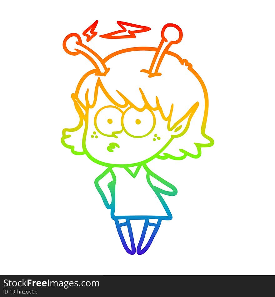 rainbow gradient line drawing of a cartoon alien girl