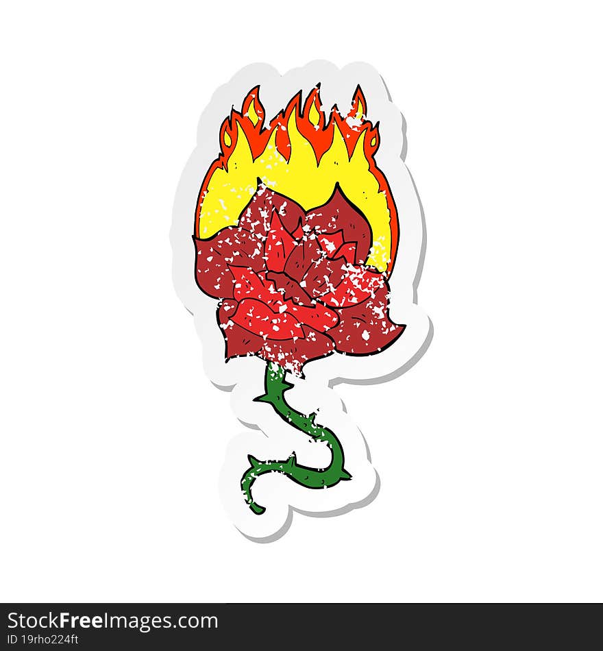 retro distressed sticker of a cartoon flaming rose tattoo