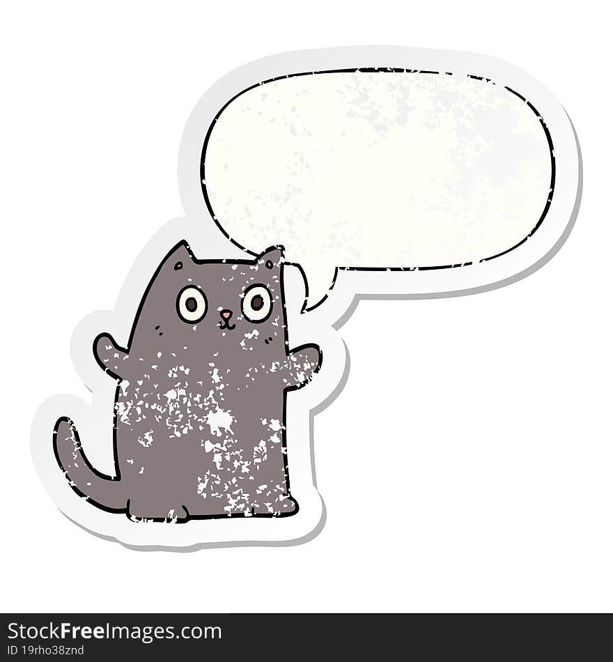 cartoon cat with speech bubble distressed distressed old sticker. cartoon cat with speech bubble distressed distressed old sticker