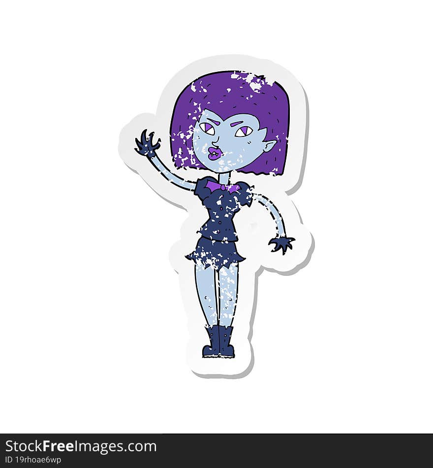 Retro Distressed Sticker Of A Cartoon Pretty Vampire Girl