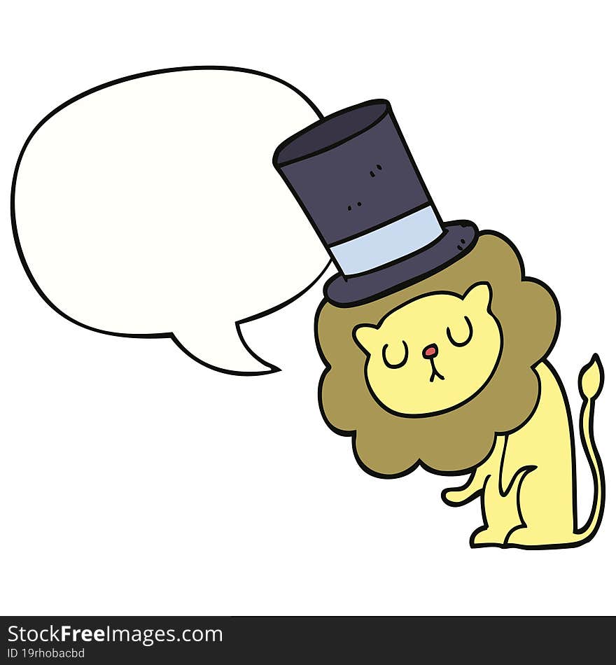 cute cartoon lion wearing top hat with speech bubble