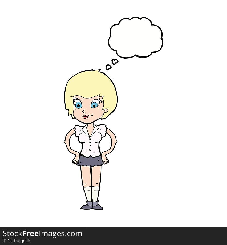 cartoon pretty woman with hands on hips with thought bubble