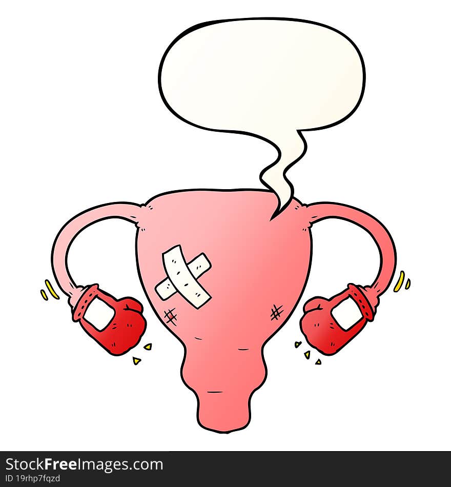 cartoon beat up uterus and boxing gloves and speech bubble in smooth gradient style