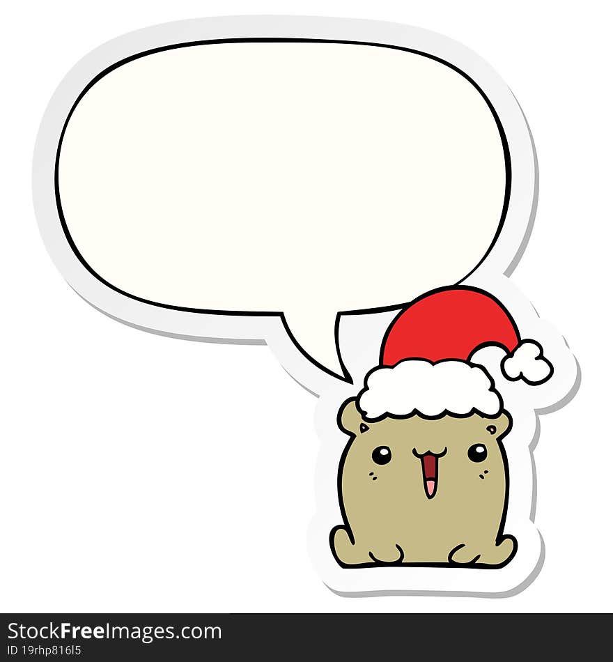 Cute Cartoon Bear And Christmas Hat And Speech Bubble Sticker