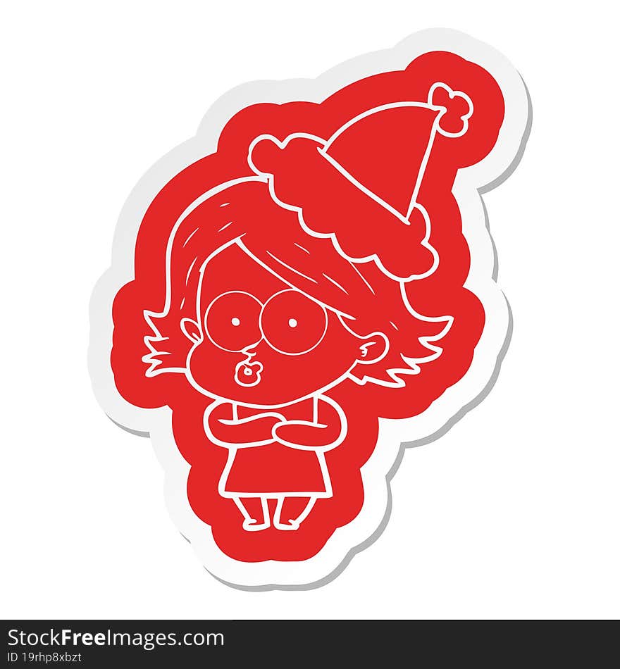 cartoon  sticker of a girl pouting wearing santa hat