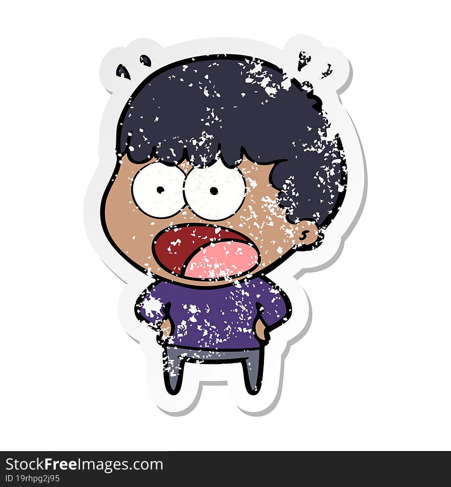 distressed sticker of a cartoon shocked man