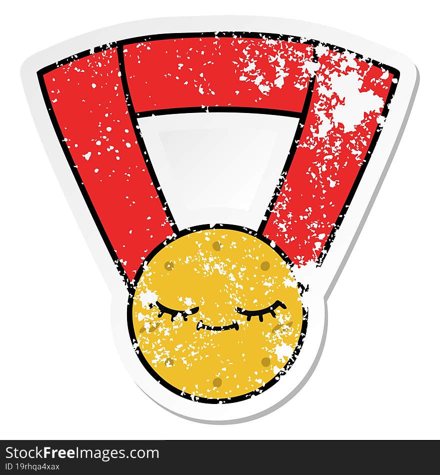 distressed sticker of a cute cartoon gold medal