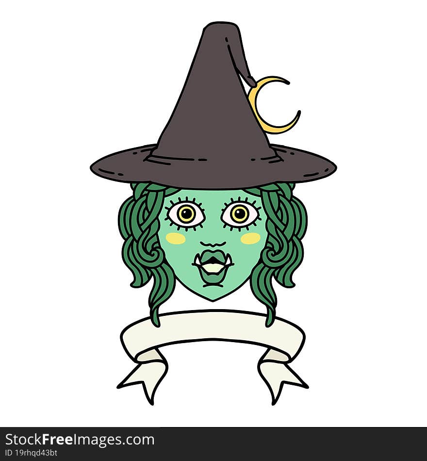 half orc witch character face with banner illustration