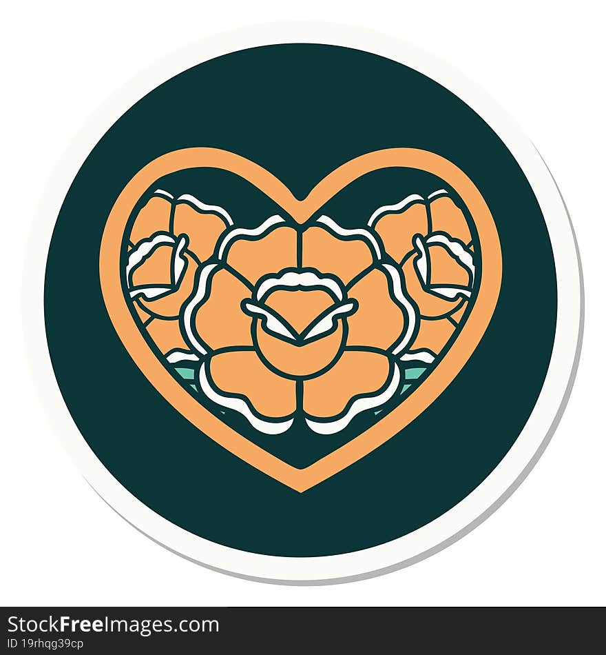 sticker of tattoo in traditional style of a heart and flowers. sticker of tattoo in traditional style of a heart and flowers