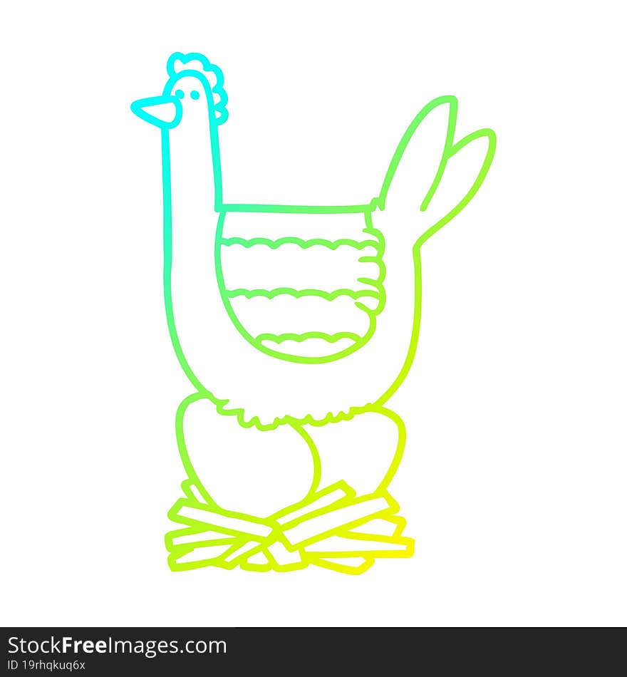 cold gradient line drawing cartoon chicken sitting on eggs in nest