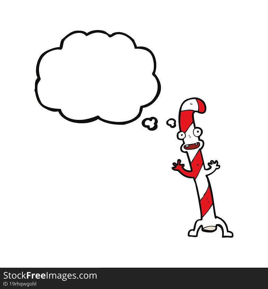 cartoon dancing christmas candy cane with thought bubble