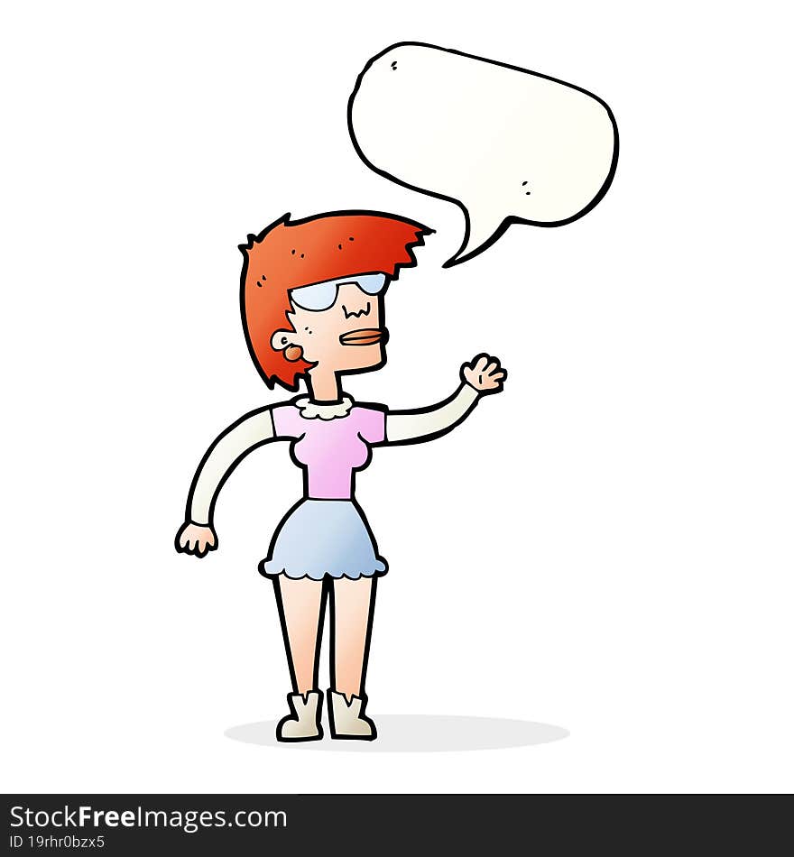 cartoon woman in spectacles waving with speech bubble