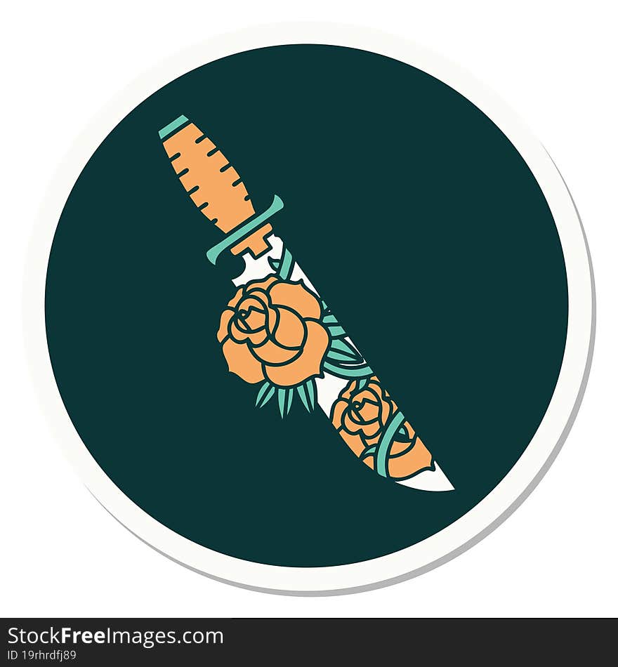 Tattoo Style Sticker Of A Dagger And Flowers