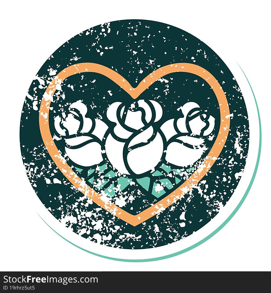 iconic distressed sticker tattoo style image of a heart and flowers. iconic distressed sticker tattoo style image of a heart and flowers