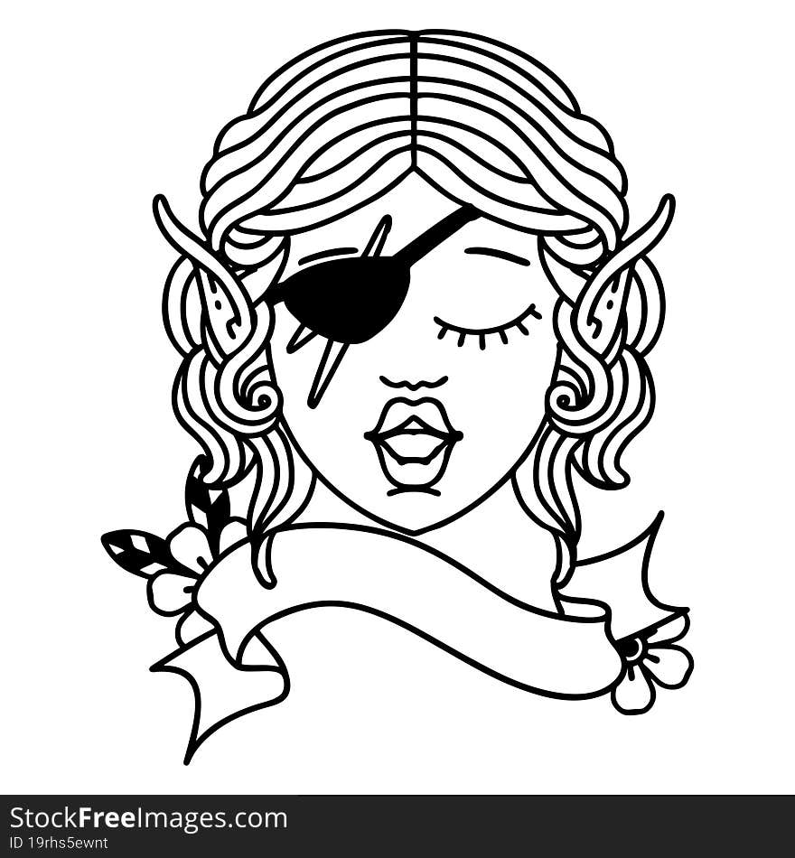 Black and White Tattoo linework Style elf rogue character face. Black and White Tattoo linework Style elf rogue character face