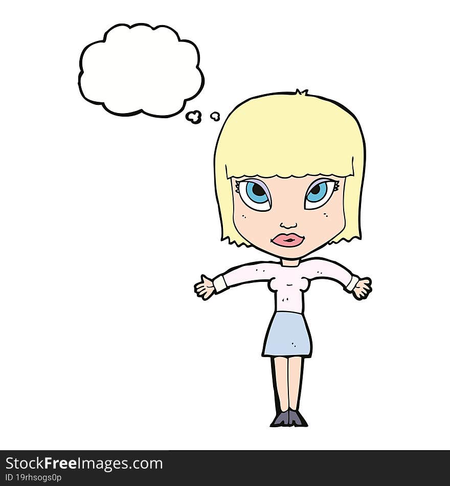 cartoon woman shrugging with thought bubble