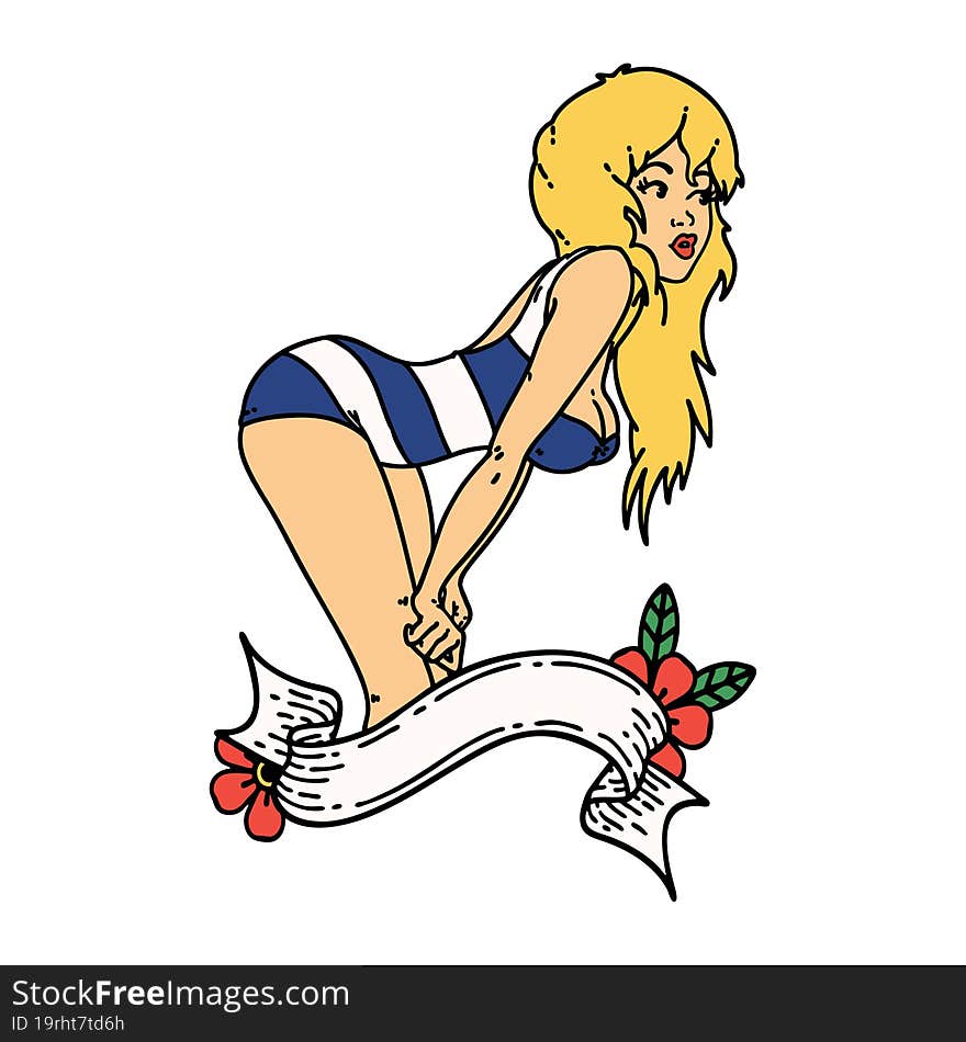 tattoo in traditional style of a pinup girl in swimming costume with banner. tattoo in traditional style of a pinup girl in swimming costume with banner