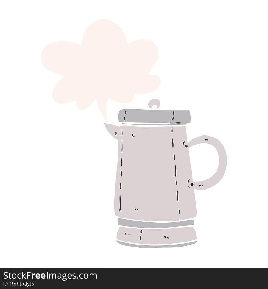 cartoon old metal kettle and speech bubble in retro style