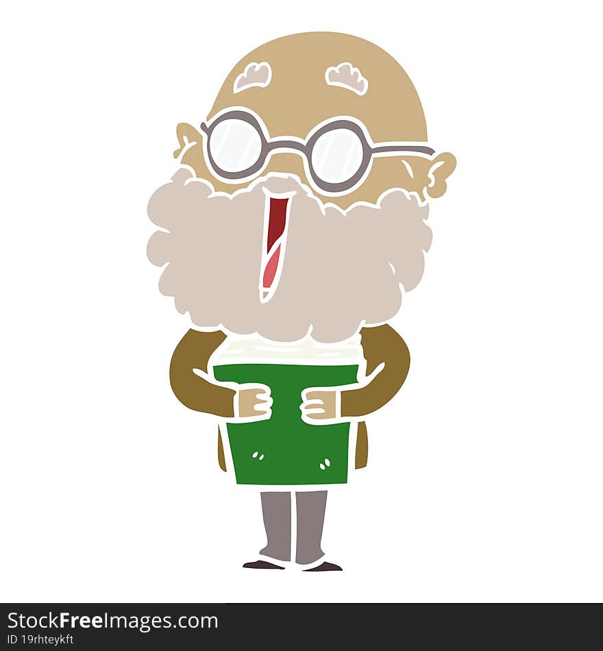 Flat Color Style Cartoon Joyful Man With Beard And Book