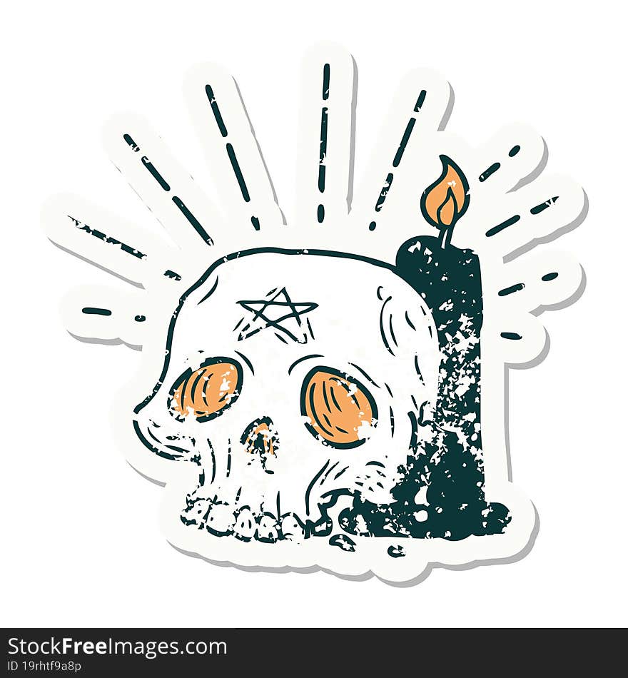 Grunge Sticker Of Tattoo Style Spooky Skull And Candle