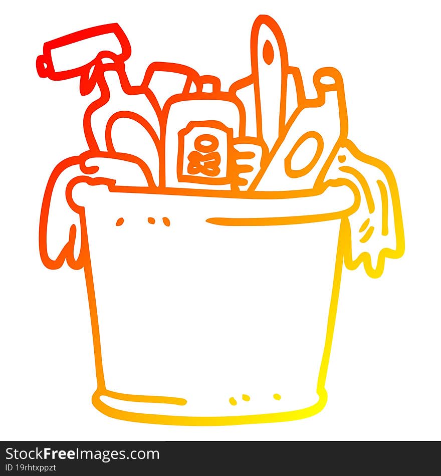 warm gradient line drawing of a cartoon house cleaning products