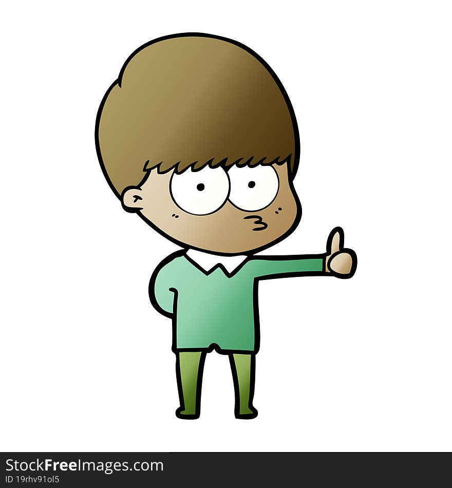 curious cartoon boy giving thumbs up sign. curious cartoon boy giving thumbs up sign