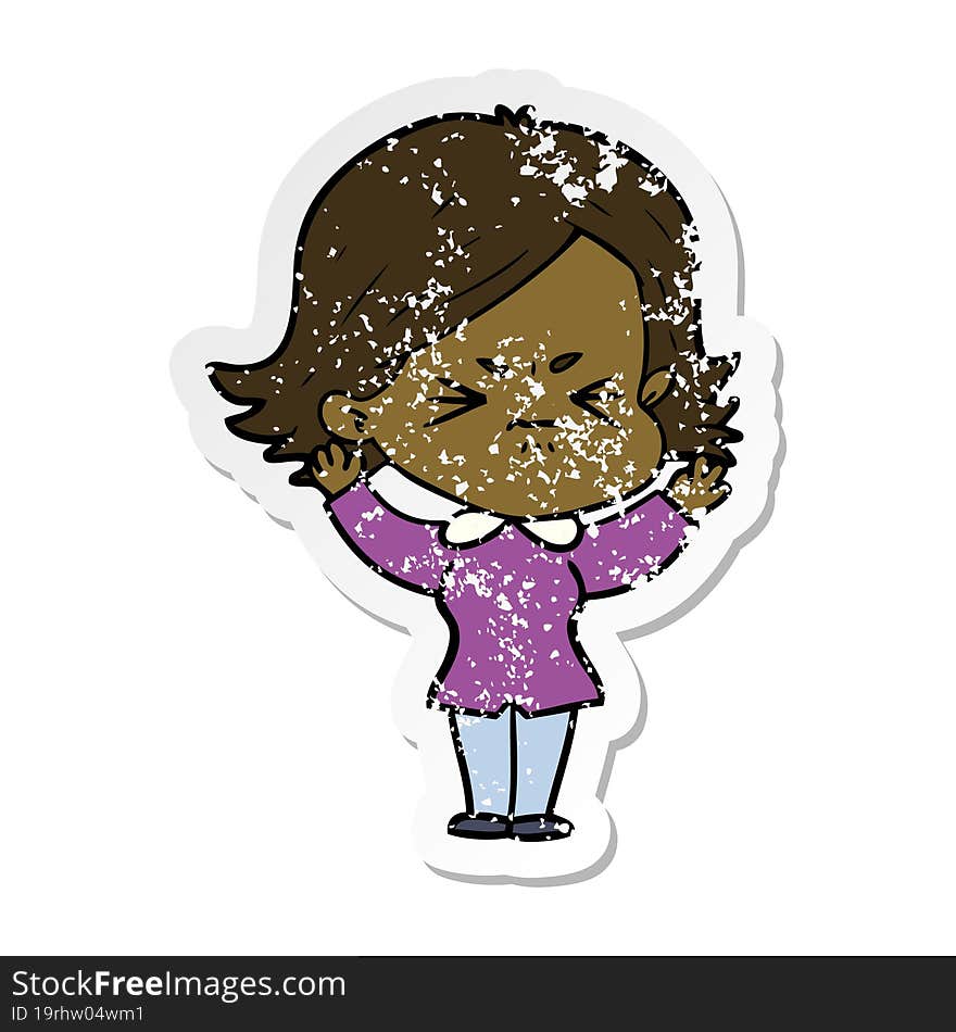 distressed sticker of a cartoon angry woman