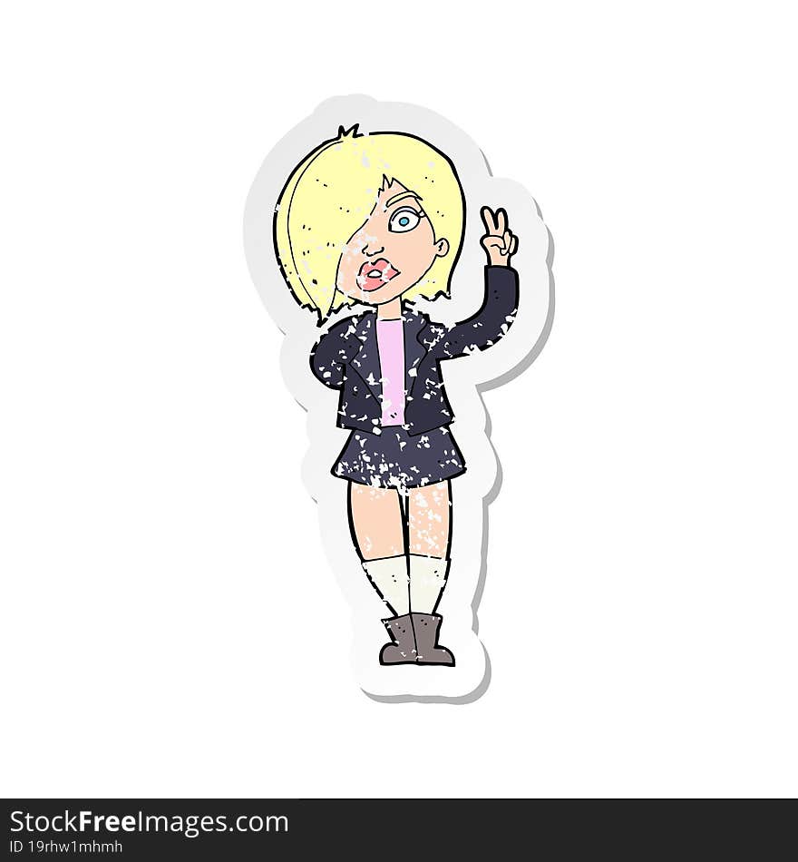 retro distressed sticker of a cartoon cool girl giving peace sign