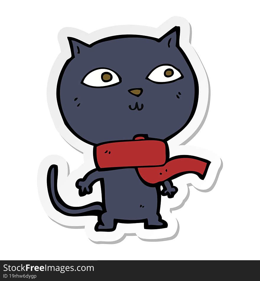 sticker of a cartoon black cat wearing scarf