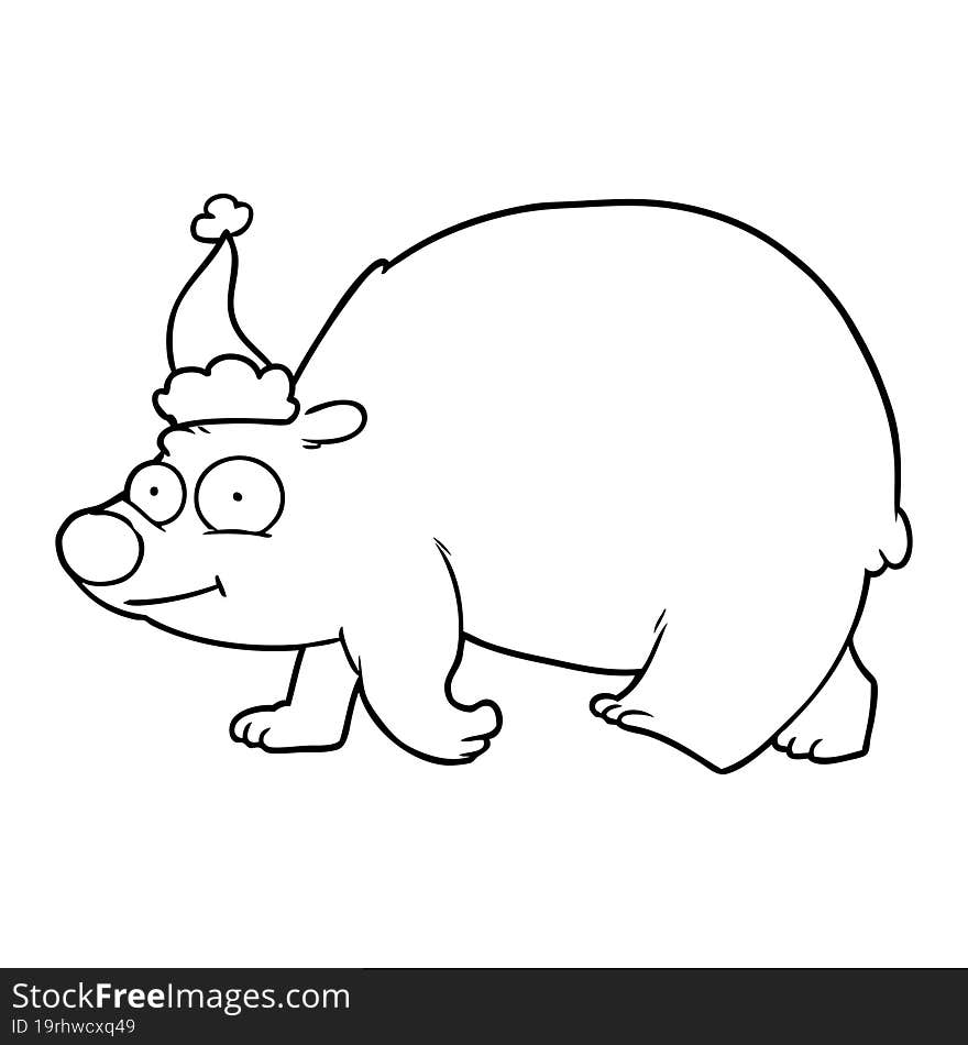 line drawing of a walking polar bear wearing santa hat