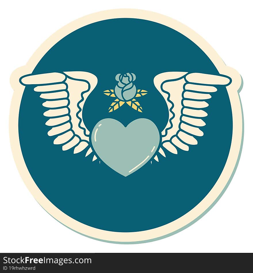 sticker of tattoo in traditional style of a heart with wings. sticker of tattoo in traditional style of a heart with wings