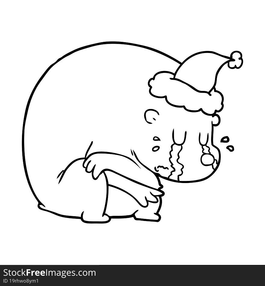 crying line drawing of a polar bear wearing santa hat