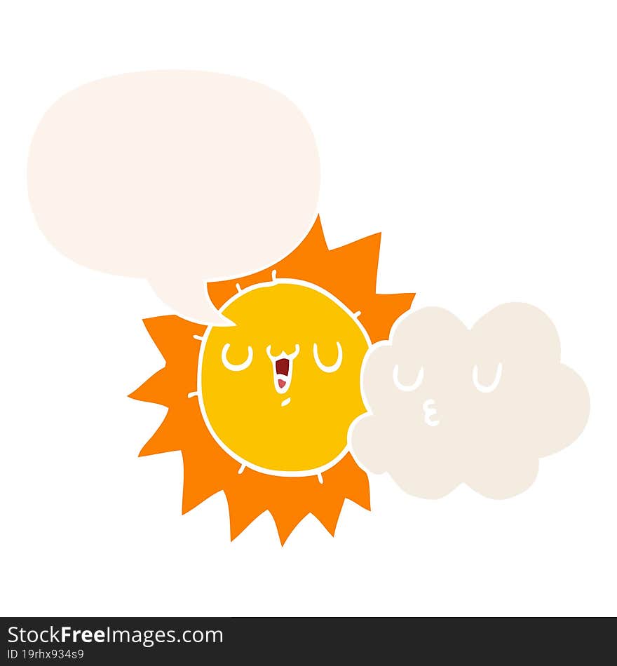 cartoon sun and cloud with speech bubble in retro style