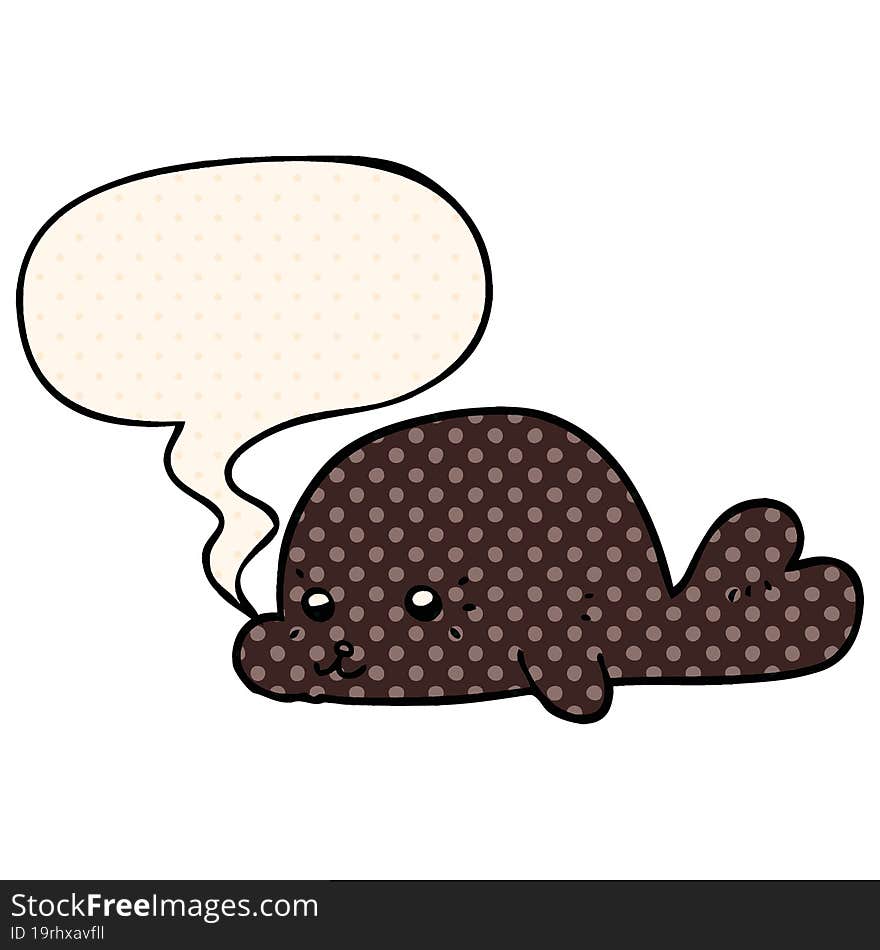 cartoon baby seal and speech bubble in comic book style