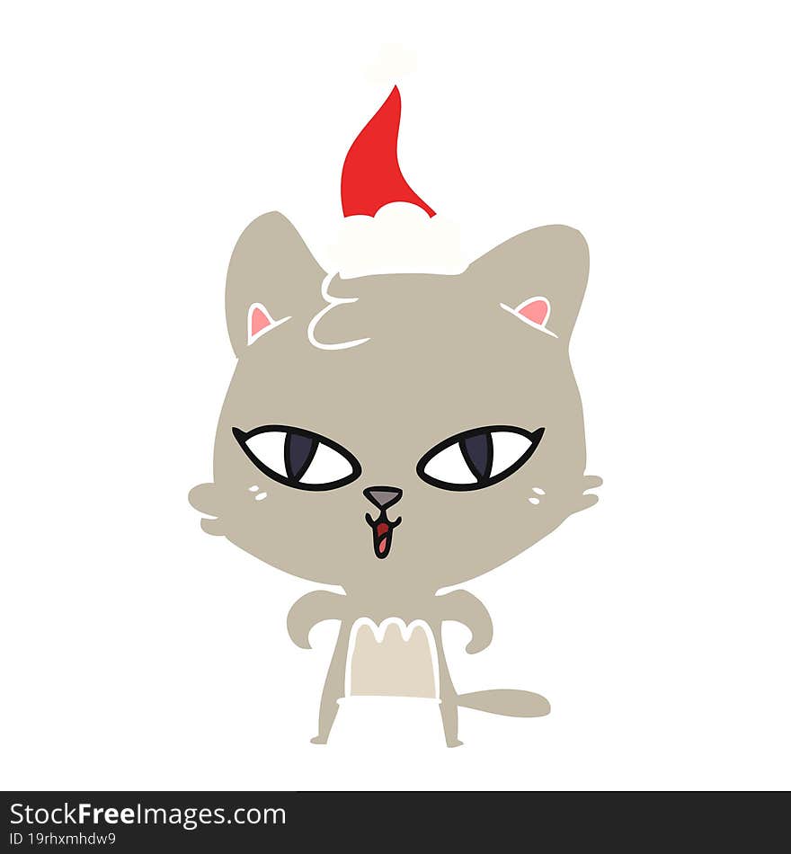 flat color illustration of a cat wearing santa hat