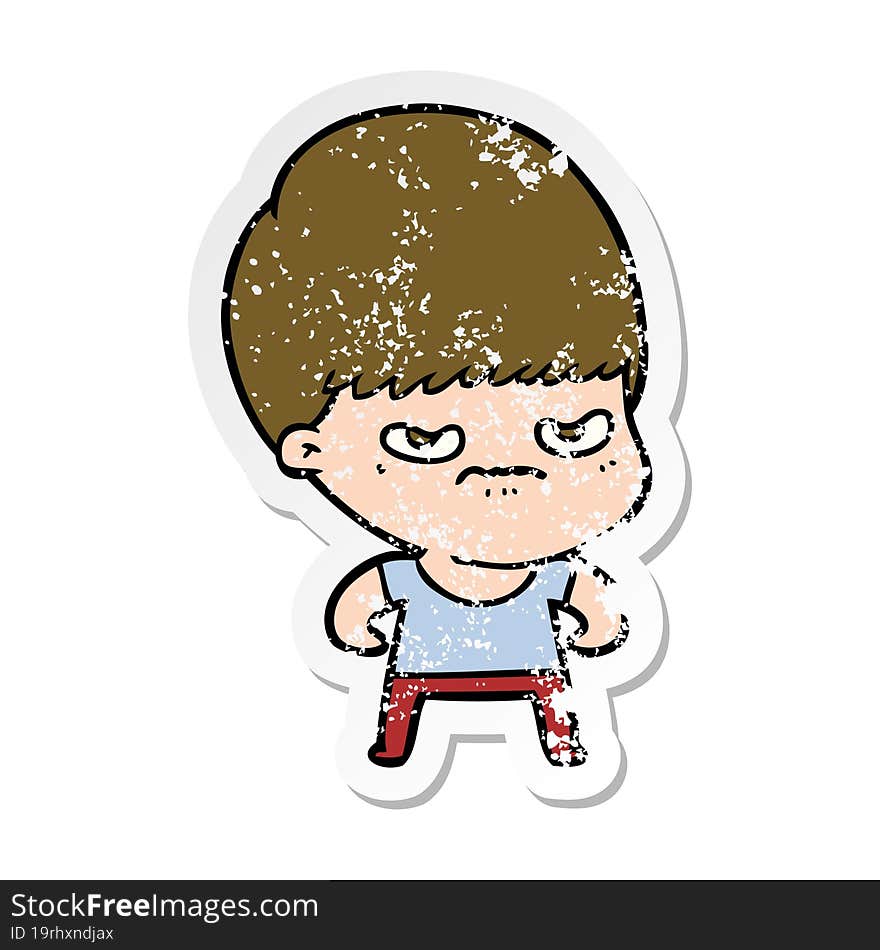 distressed sticker of a annoyed cartoon boy