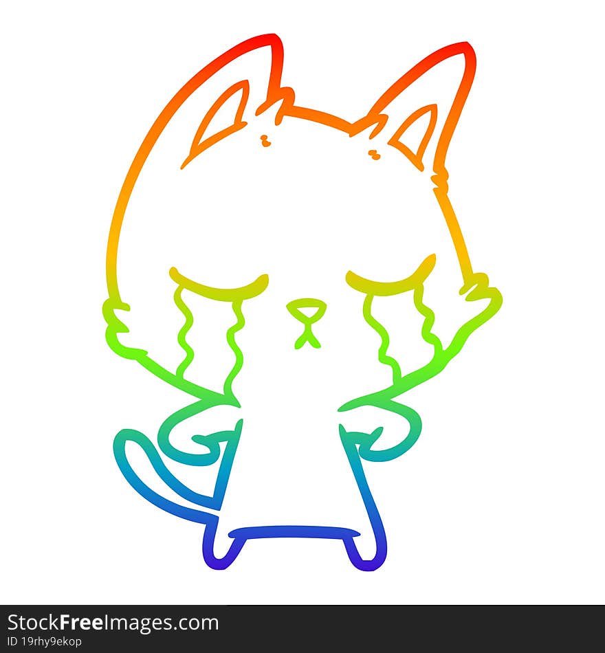 rainbow gradient line drawing of a crying cartoon cat