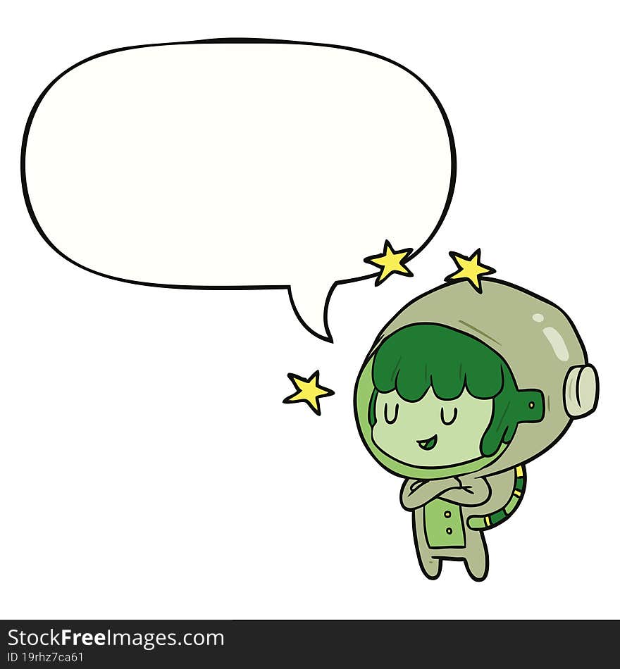 cartoon female future astronaut in space suit and speech bubble