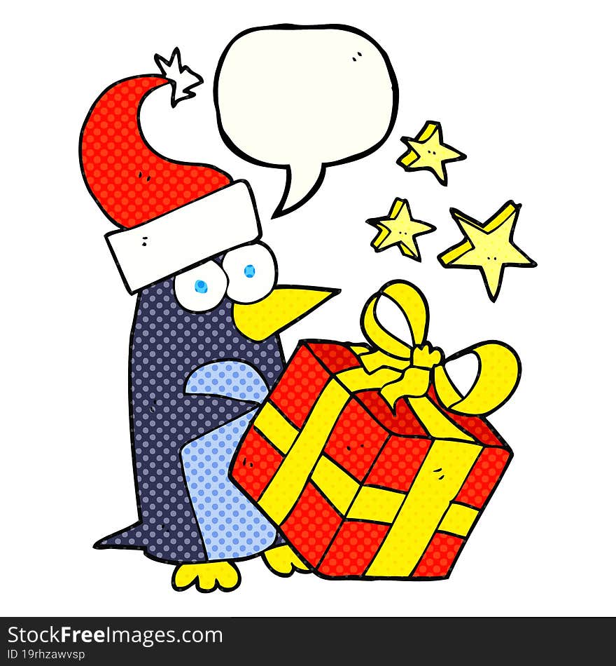 comic book speech bubble cartoon christmas penguin with present