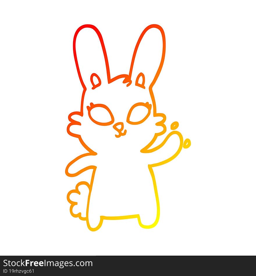 warm gradient line drawing of a cute cartoon rabbit waving