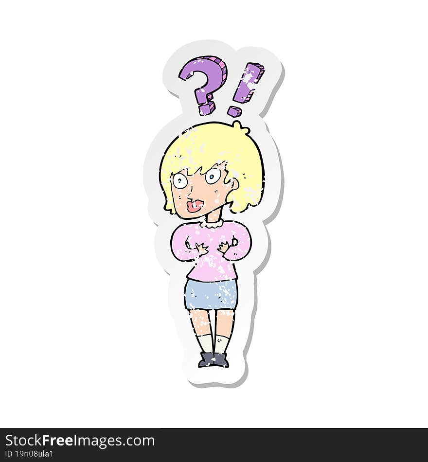 Retro Distressed Sticker Of A Cartoon Confused Woman