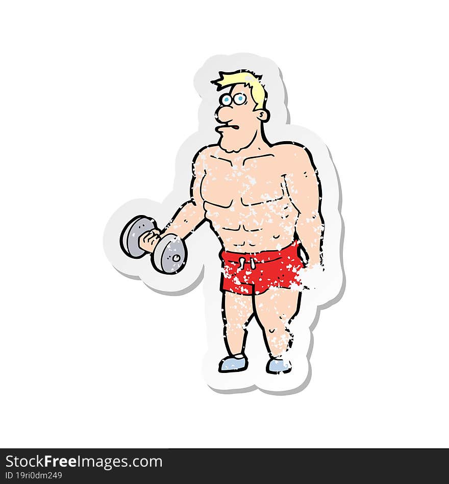 Retro Distressed Sticker Of A Cartoon Man Lifting Weights