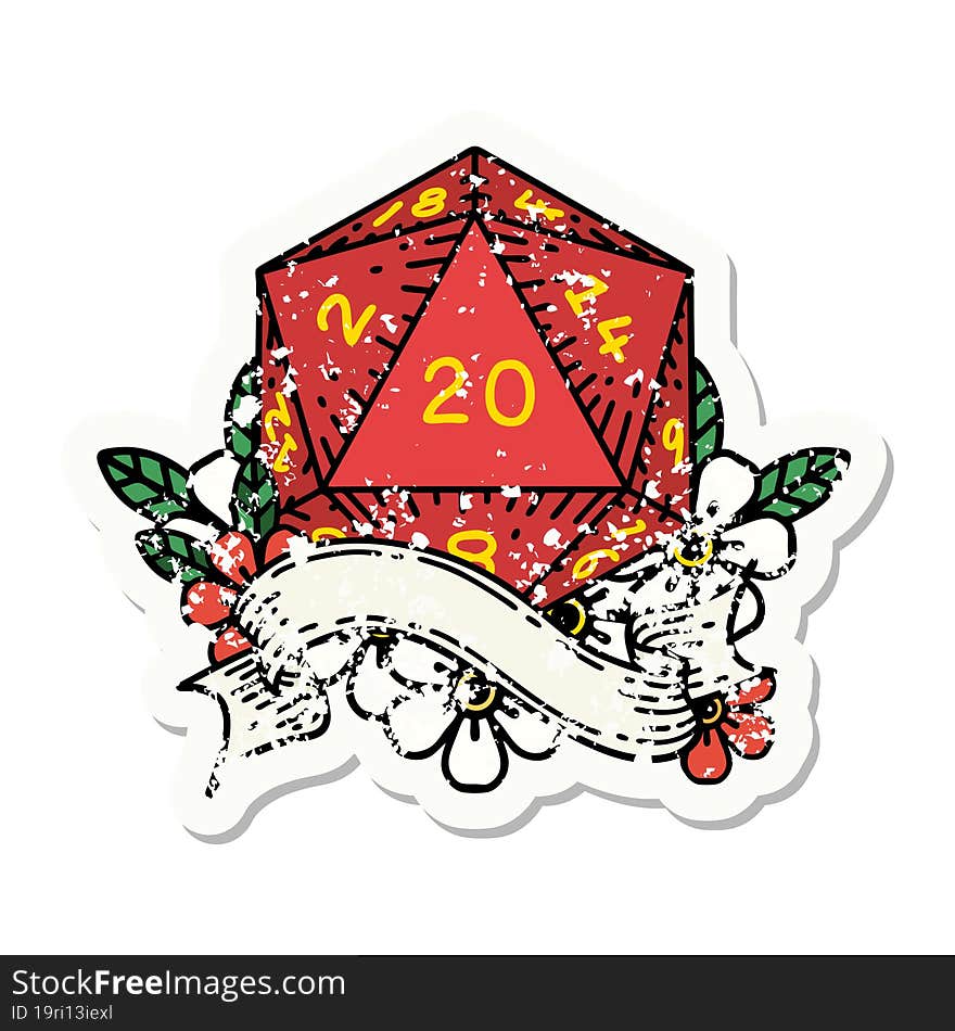 natural twenty D20 dice roll grunge sticker