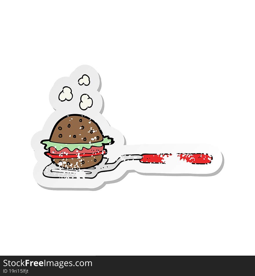 retro distressed sticker of a cartoon spatula with burger