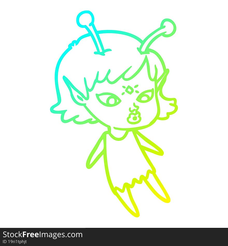 Cold Gradient Line Drawing Pretty Cartoon Alien Girl