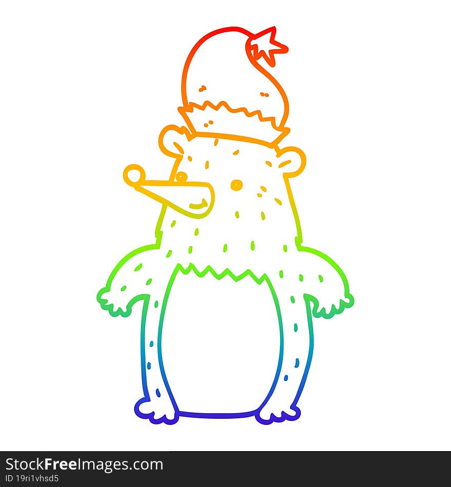 Rainbow Gradient Line Drawing Cartoon Bear Wearing Christmas Hat