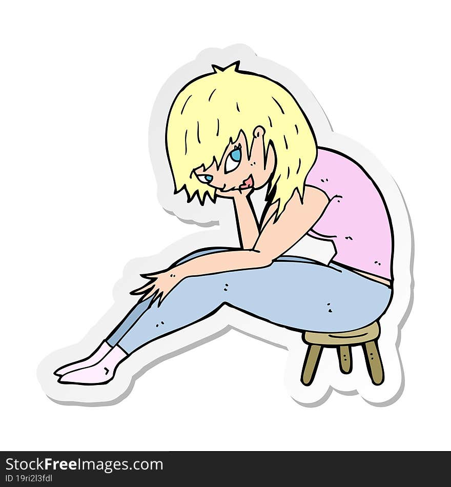 sticker of a cartoon woman sitting on small stool