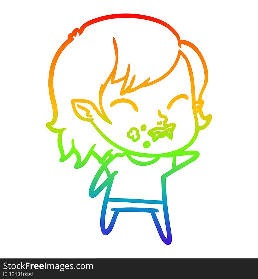 rainbow gradient line drawing cartoon vampire girl with blood on cheek