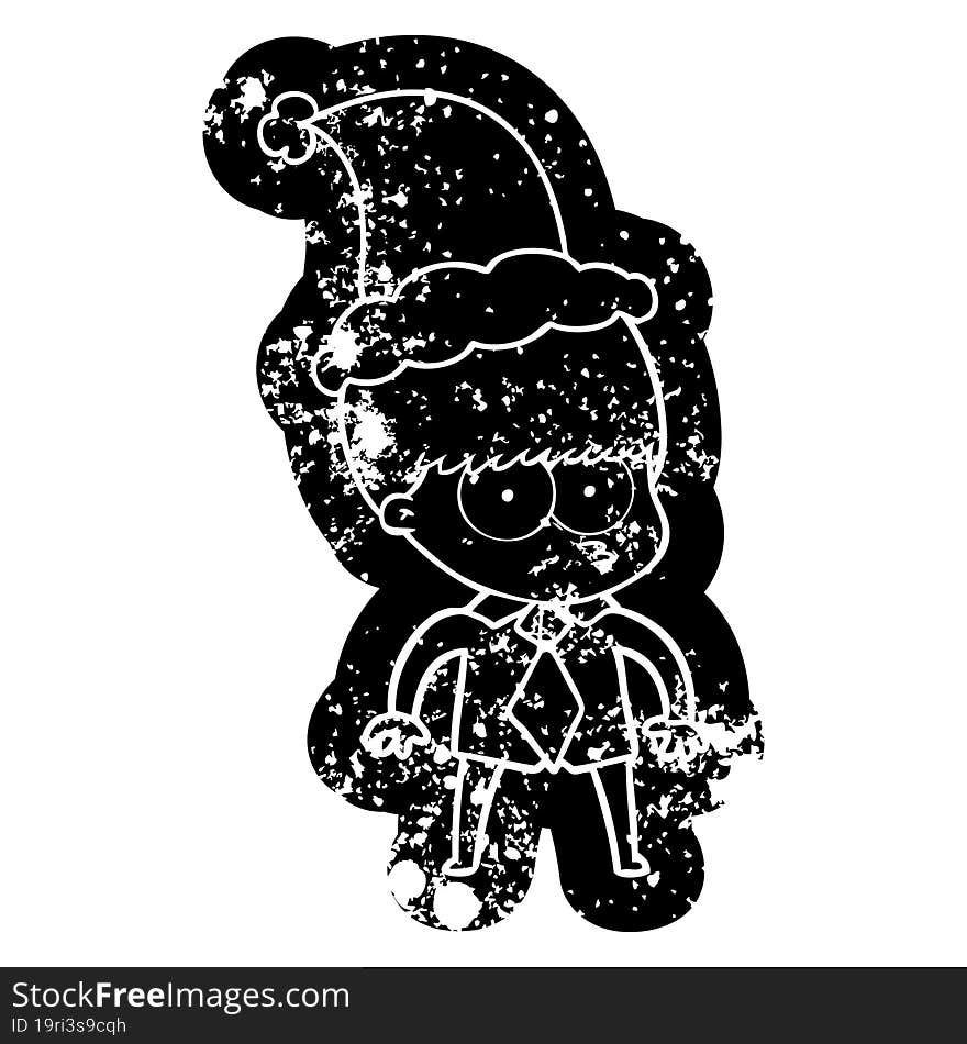 nervous quirky cartoon distressed icon of a boy wearing shirt and tie wearing santa hat